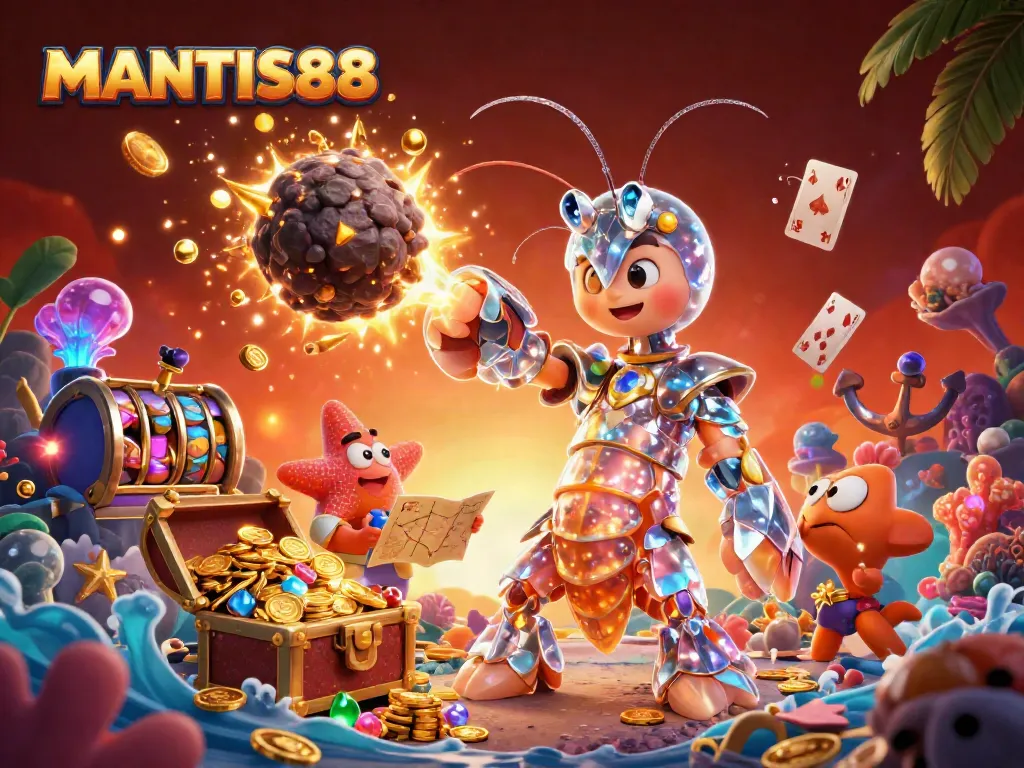 MANTIS88 showcases an energetic scene with a mantis shrimp and starfish amidst treasure and casino elements.