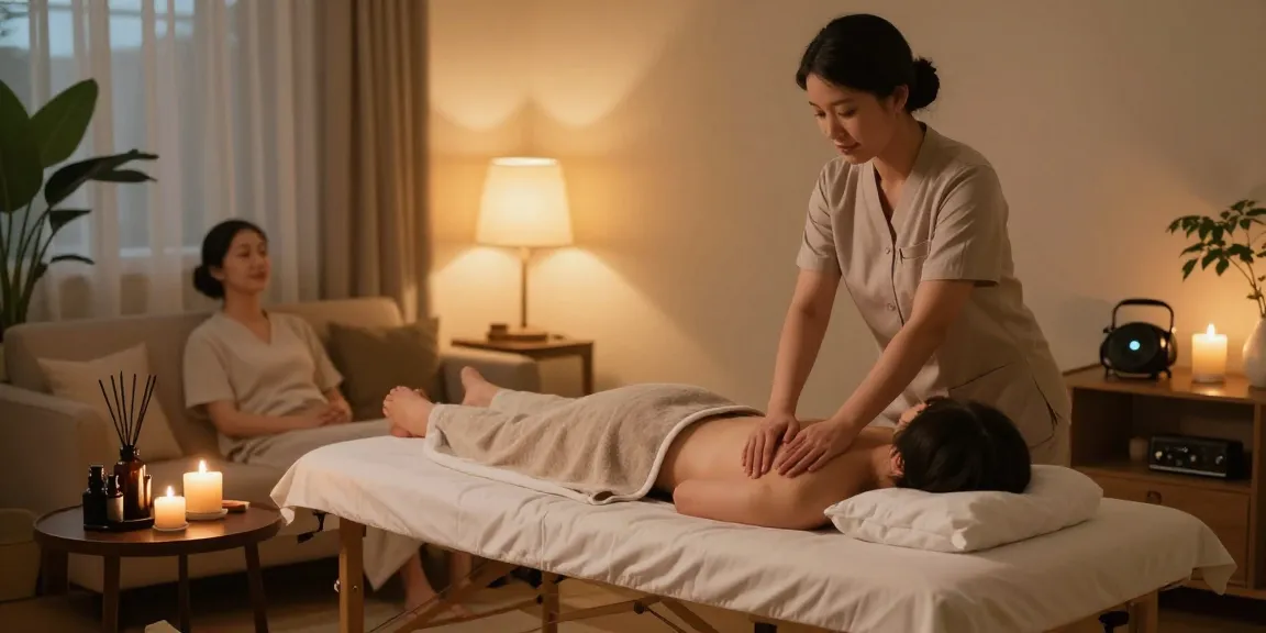 Relaxing in-home 출장안마 experience with professional therapist setting up soothing atmosphere.