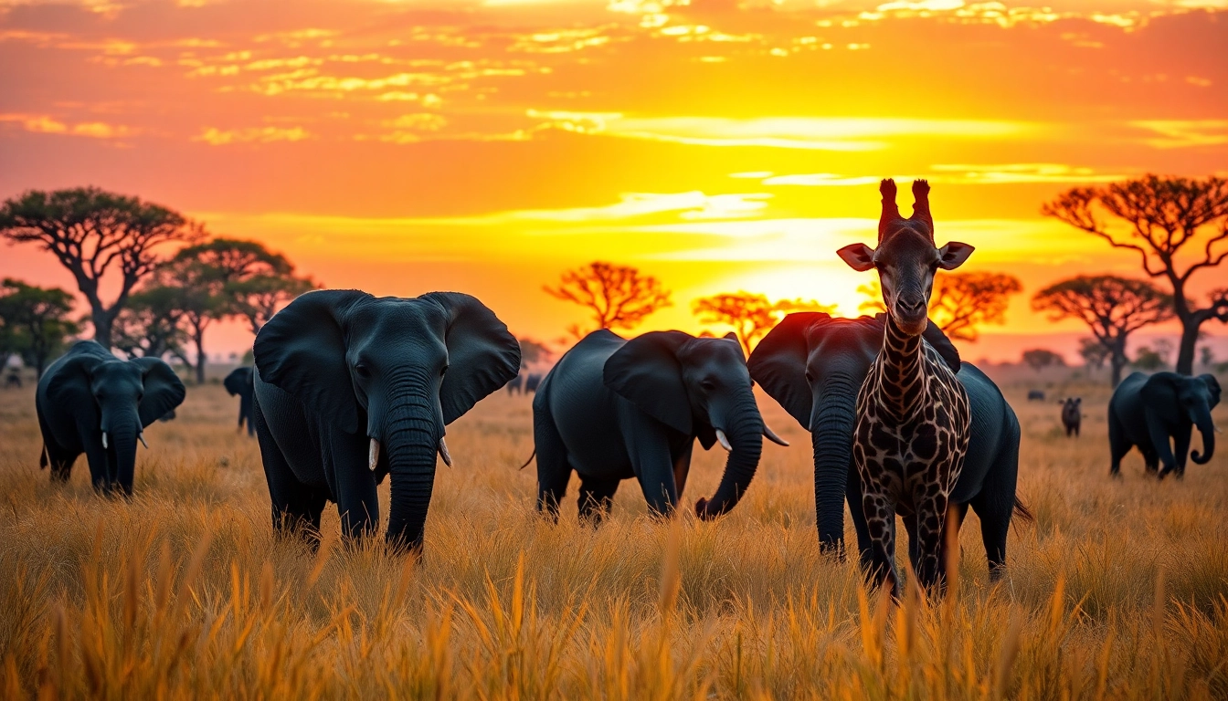 Experience the beauty of a Tanzania Safari featuring elephants and giraffes under a vibrant sunset.