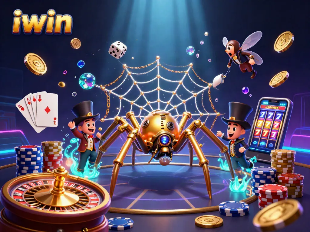 Play slots at iwin with vibrant visuals including golden coins, poker chips, and lively characters.