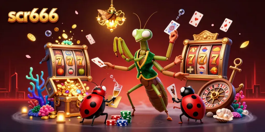 scr666 showcases a vibrant cartoon scene with a mantis dealer and ladybug pit boss amidst colorful slot reels and casino elements.