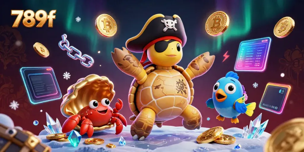 Experience thrilling gaming with 789f as a pirate turtle and friends above golden treasure.