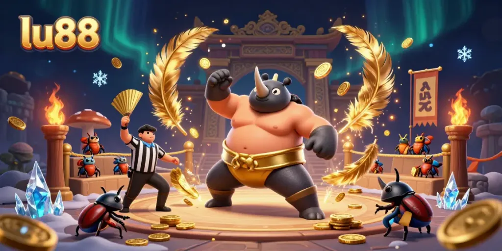 lu88 summons golden coins in a vibrant 3D scene with a beetle champion and cricket referee