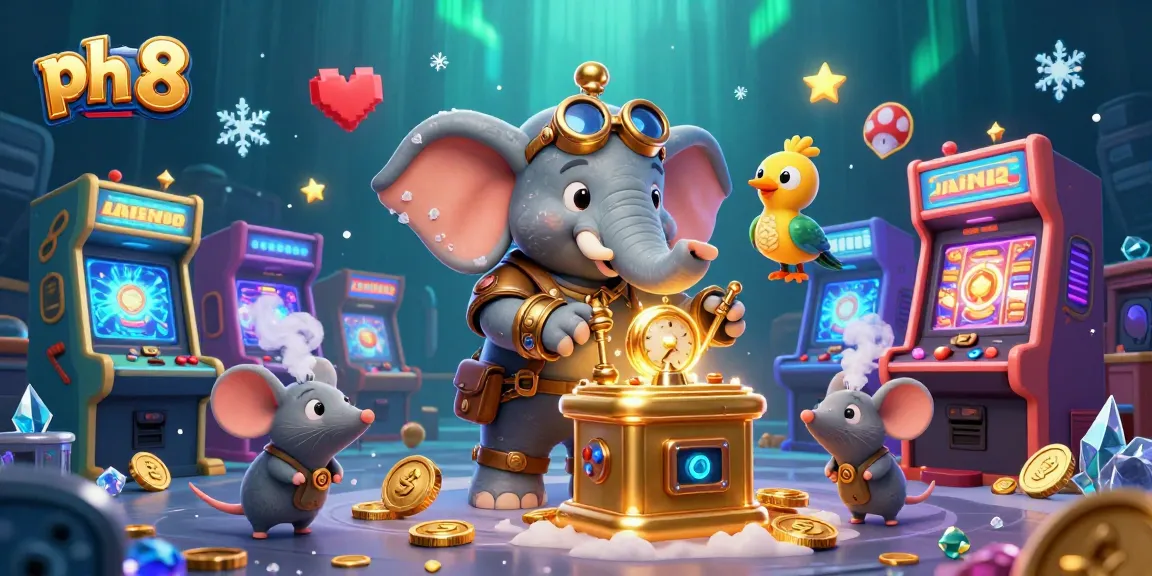Win big at ph 8 with steampunk characters operating colorful slots and vibrant arcade games.