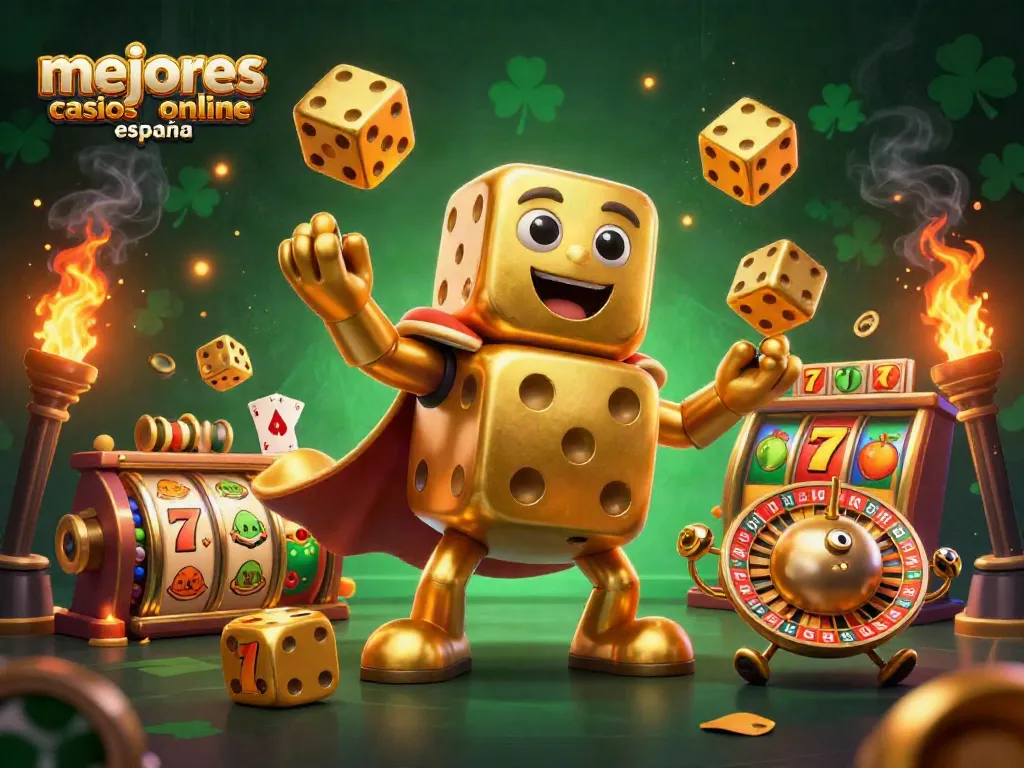 Ilustración 3D de los mejores casinos online España con dados y elementos de tragamonedas.