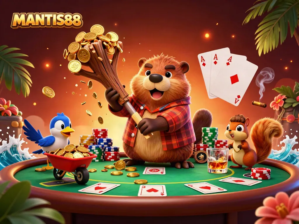 MANTIS88 themed illustration with a beaver generating golden coins, engaging gamblers in a lively poker scene.