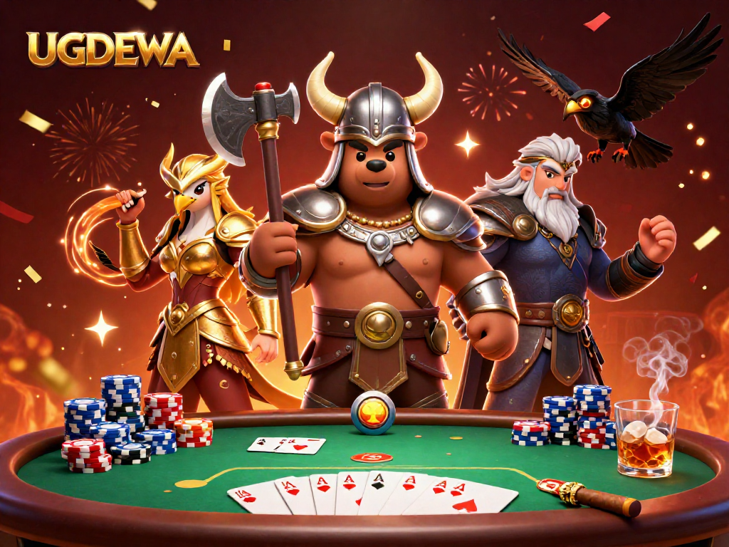 Engage with UGDEWA's vibrant 3D illustration featuring a Viking bear and Valkyrie among casino elements.