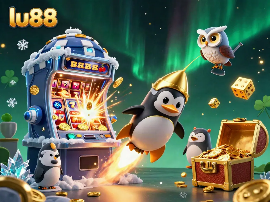 Experience excitement at lu88 with a penguin rocket accelerating toward a jackpot-filled casino space station.