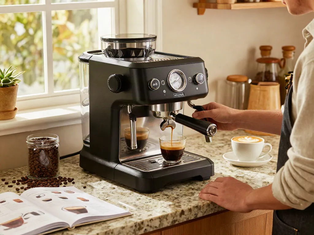 Barista using ROKOK88 Espresso Machine to brew coffee with rich crema.