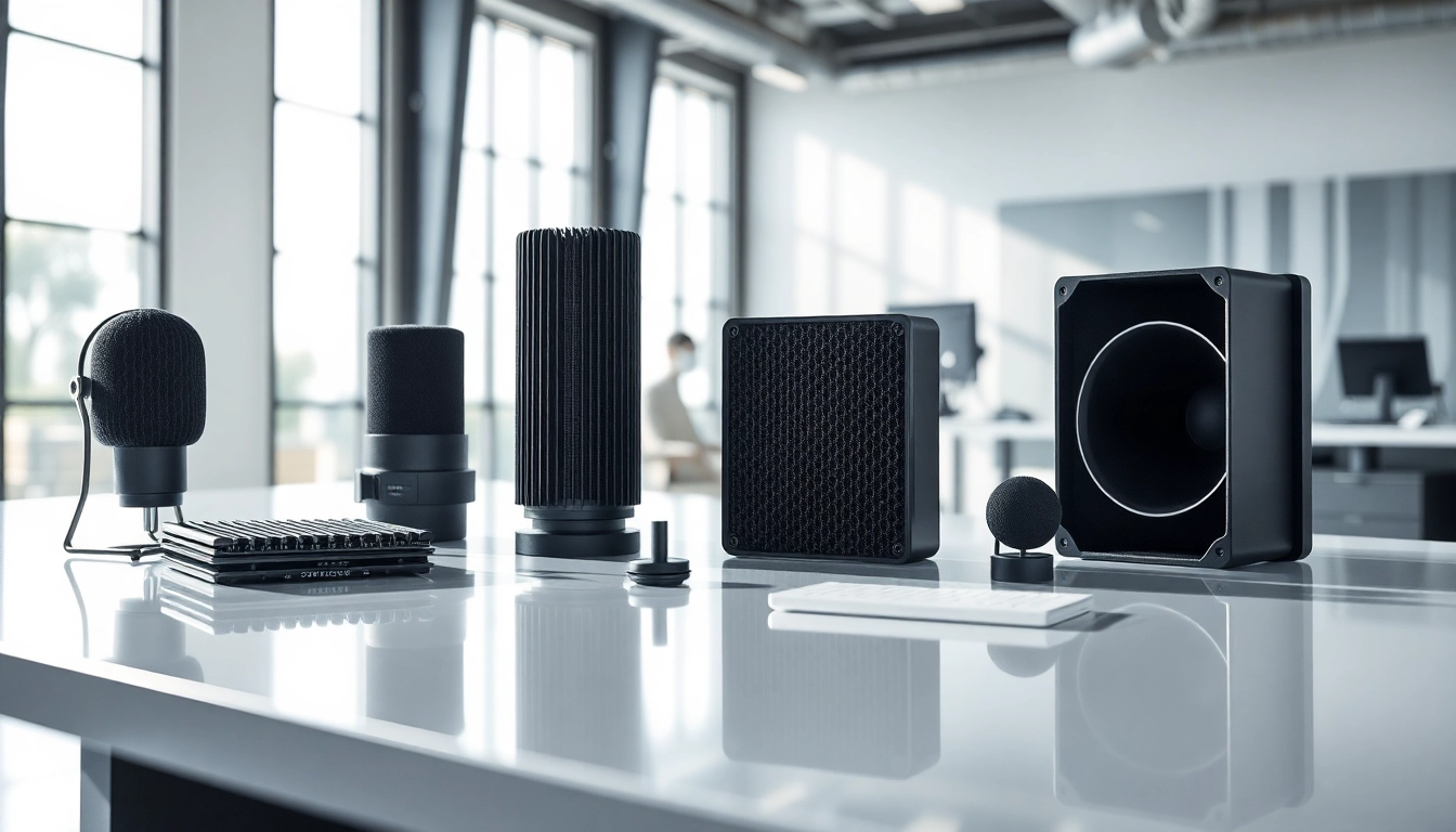Showcasing innovative sound and vibration control products with modern design elements in a professional setting.