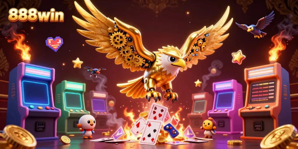 Experience excitement with the 888win golden eagle soaring through holographic cards in a vibrant casino scene.