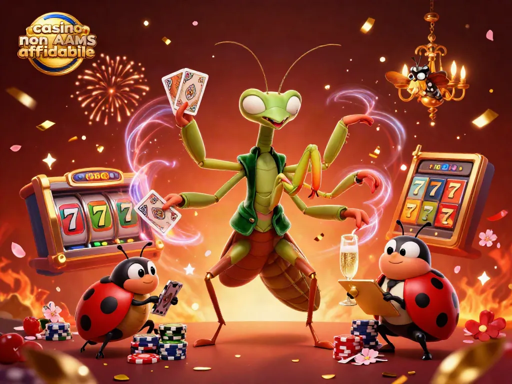 Gioca nei migliori casino non AAMS affidabili con un mantide gigante e una coccinella al tavolo da gioco.