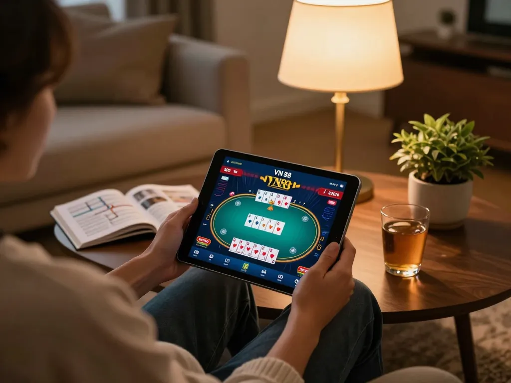 Player engaged in strategic gameplay on VN 88, using a tablet at home.