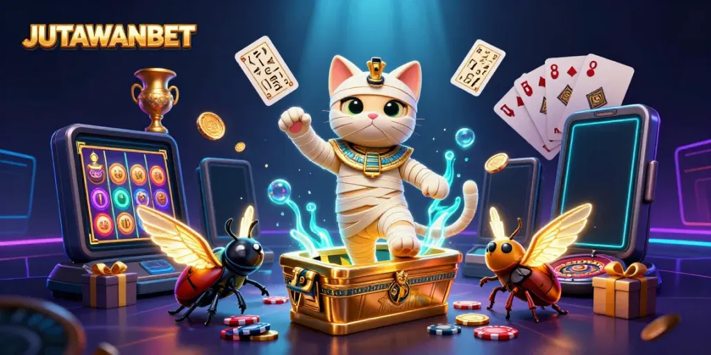 Experience excitement with JUTAWANBET as the mummy cat and scarab beetle come alive in a vibrant casino scene.