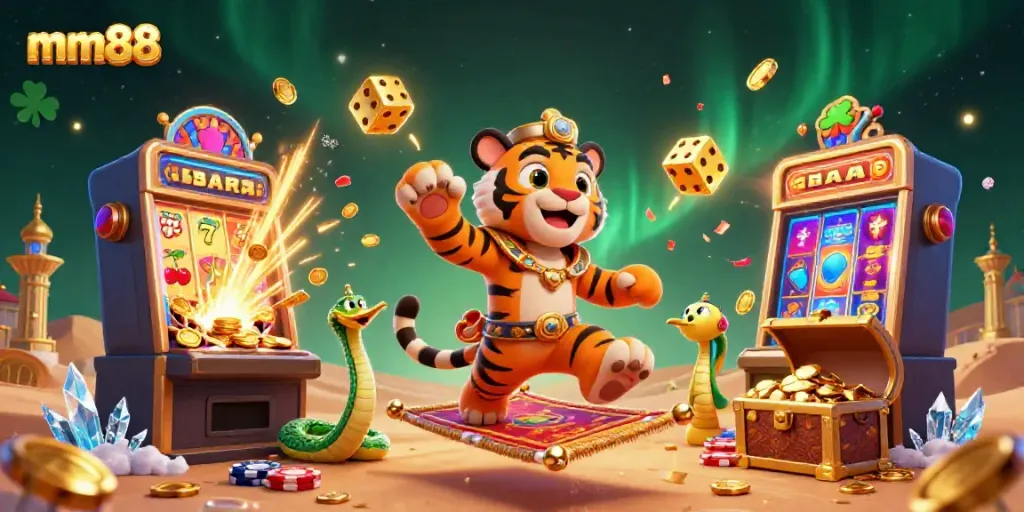 Experience the thrill of mm88 gaming with vibrant characters and exciting slot machine elements.