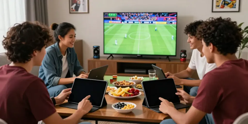 Excited friends using net88 to bet on sports events in a lively atmosphere