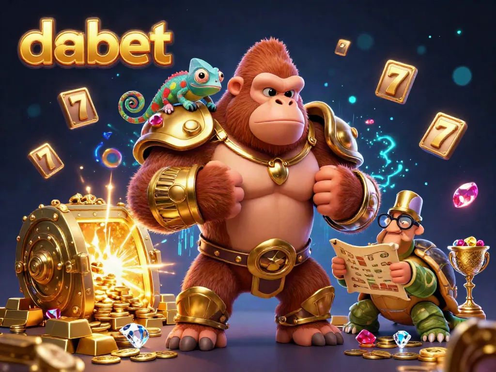 Join the thrilling action with dabet's powerful gorilla king and chameleon companion in a vibrant casino setting.