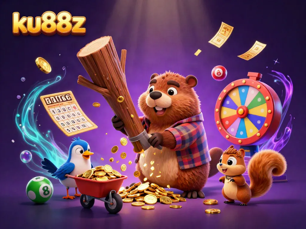 Experience the thrill at ku88z with a lively scene of gaming characters collecting coins among vibrant lottery elements.