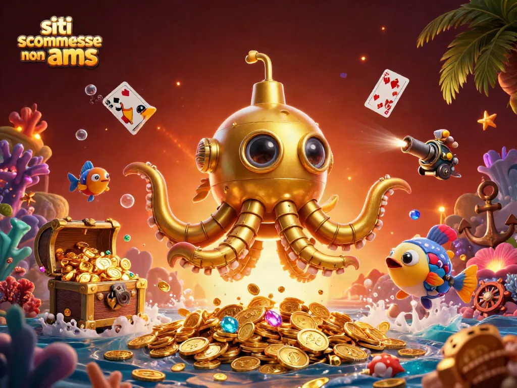 Scommetti nei migliori siti scommesse non aams con illustrazione di un kraken d'oro e pesci meccanici in un mare di monete