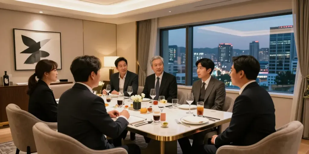 강남구구단 쩜오에서의 고급스러운 회식 장면.
