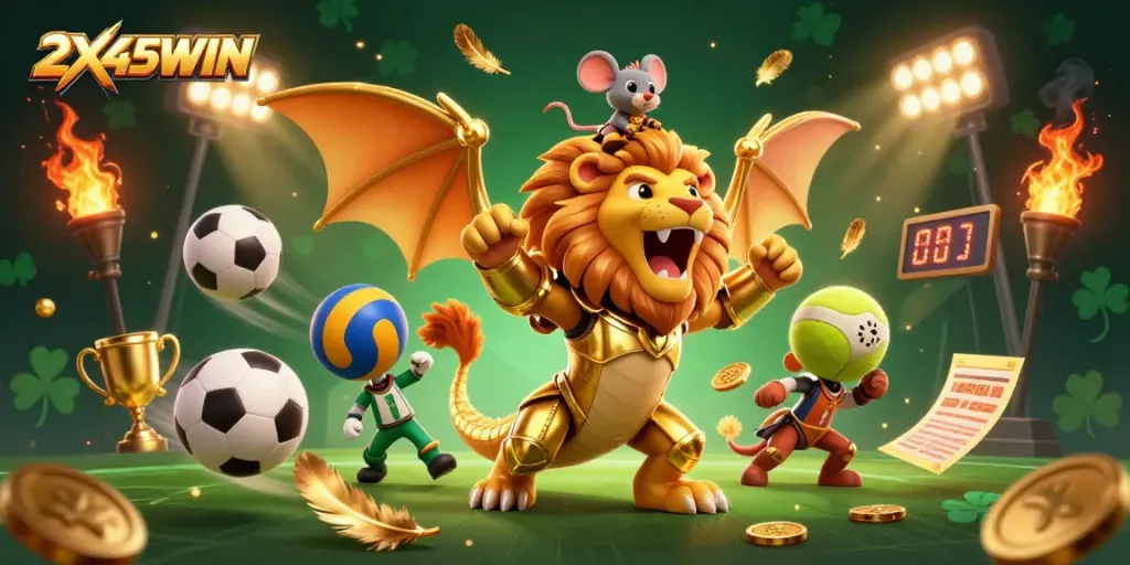 2X45WIN merayakan kemenangan dengan simbol permainan kasino dan bola olahraga dalam ilustrasi 3D yang menakjubkan.