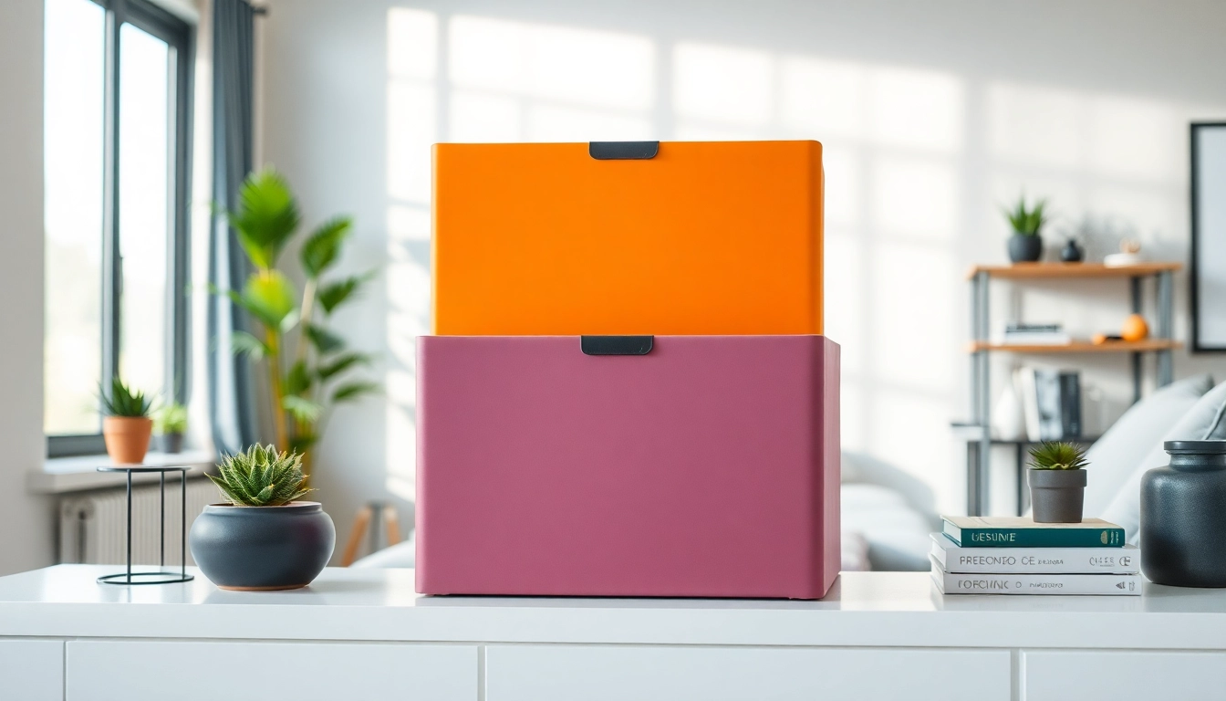 Showcase of a vibrant storage box in a modern living room setting.