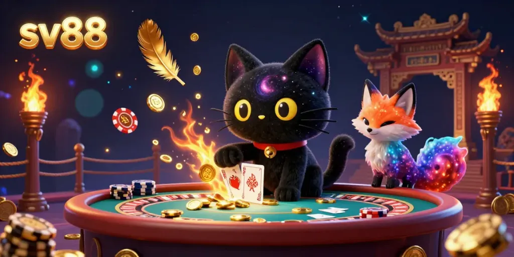 Witness the 3D cartoon black hole cat at the sv88 casino, pulling in chips for thrilling gameplay.