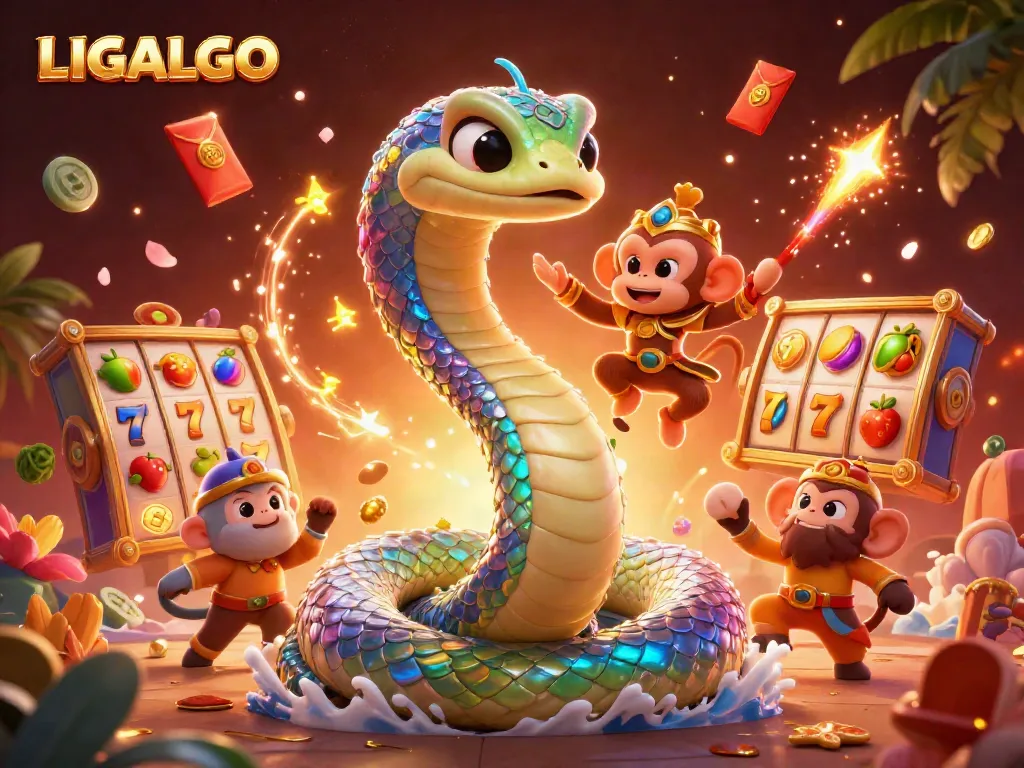 LIGALGO features a vibrant illustration with a rainbow serpent and monkey king celebrating slot gaming excitement.