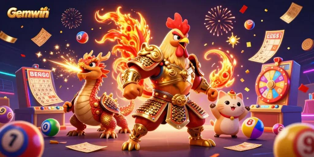 Experience Gemwin excitement with a vibrant 3D scene of colorful gaming elements and characters.