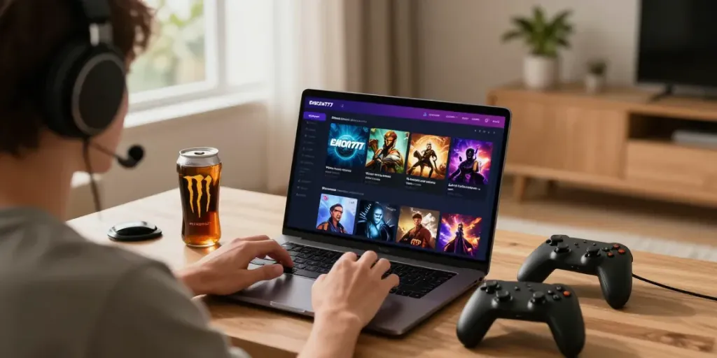 Pengguna mengakses aplikasi https://Emon777.com di laptop dalam suasana nyaman di ruang tamu.