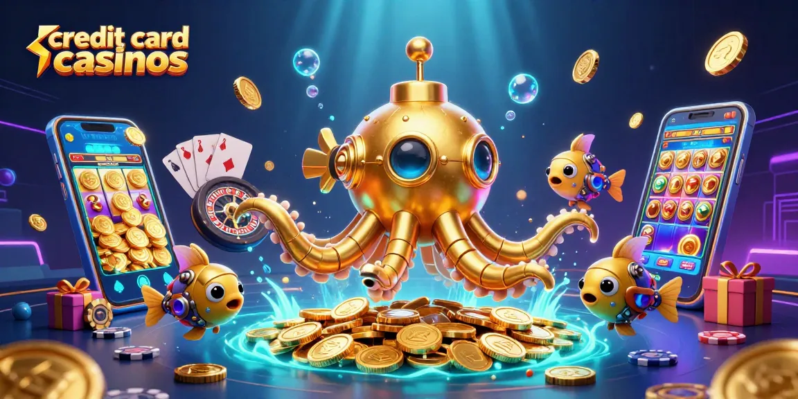 Engage with top credit card casinos featuring a golden kraken submarine surrounded by gaming elements.
