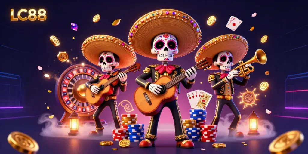 Experience interactive gaming at LC88 with a vibrant casino scene featuring Day of the Dead mariachi characters.