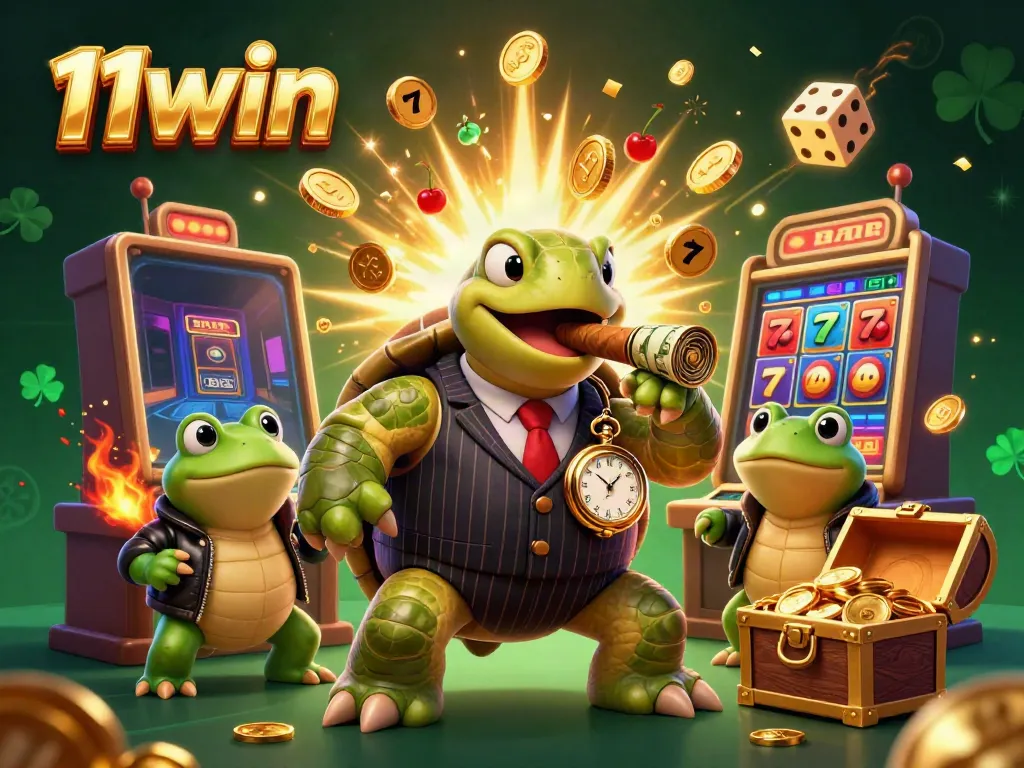 Engage in the thrilling atmosphere of 11win with a vibrant 3D casino scene featuring a snappy turtle and bullfrog enforcers.