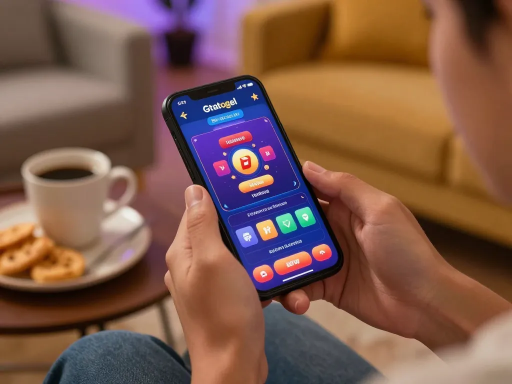 Engaging online gaming with gtatogel app on smartphone, cozy home atmosphere highlighting responsible gambling.