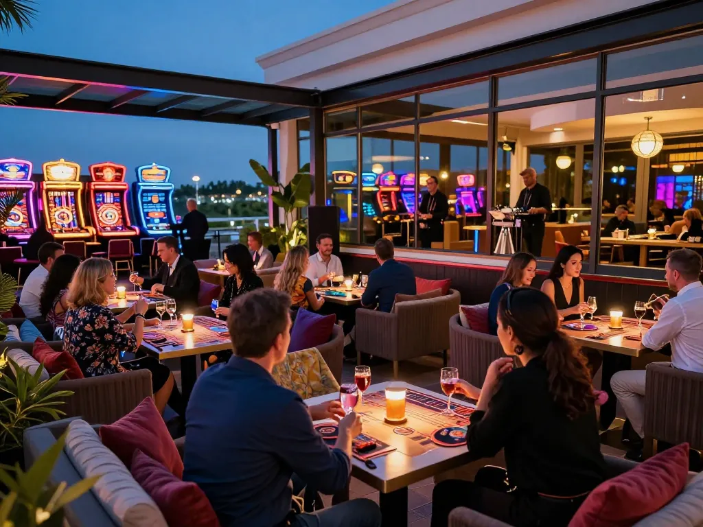 Guests enjoying exciting casino atmosphere at CM88 rooftop terrace while playing games.