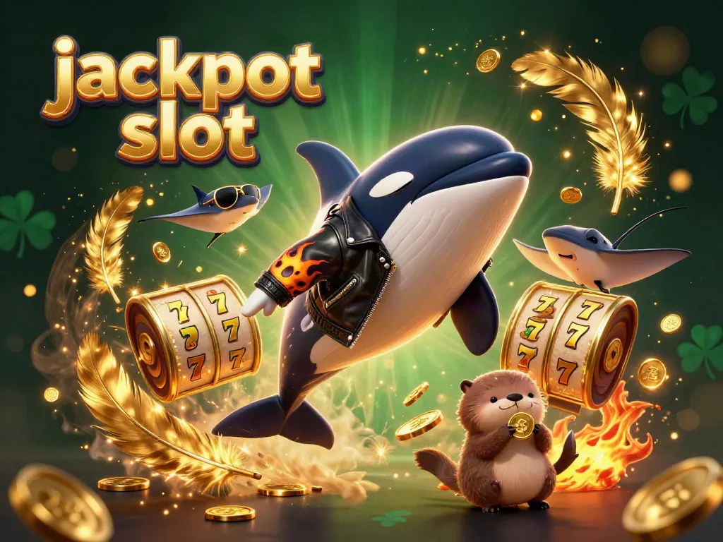 Experience the excitement of jackpot slots with a whimsical orca, stingray, and otters celebrating wins.