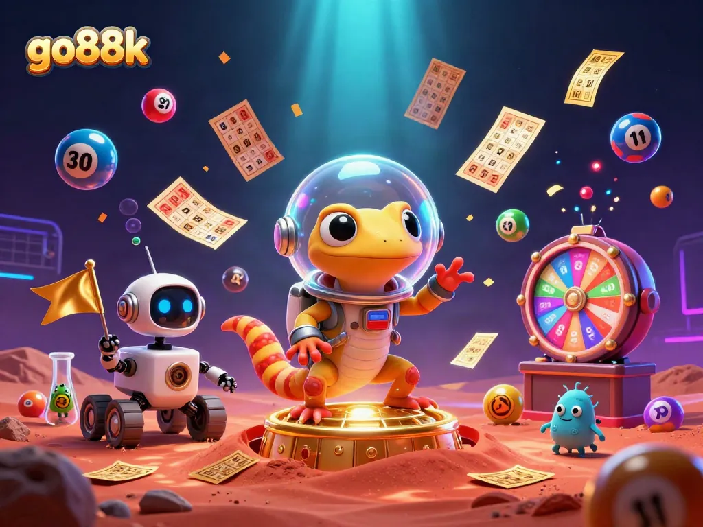 Experience thrilling gaming action with go88k, featuring a Martian gecko and alien bacteria in a vibrant casino.