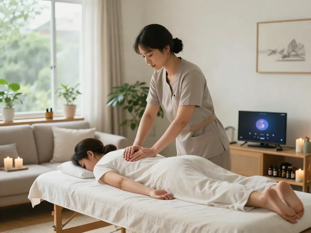Client enjoying a rejuvenating 구로출장안마 massage in a serene home setting with soft lighting.