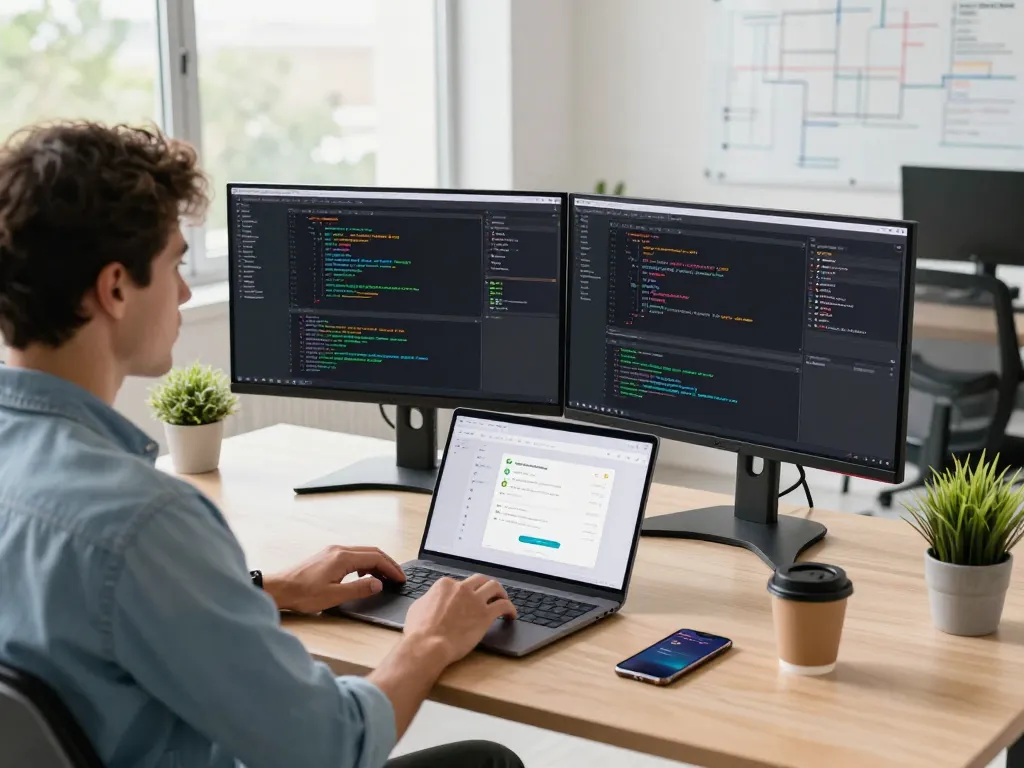 Developer using 谷歌浏览器 in modern workspace filled with coding tools and natural light.