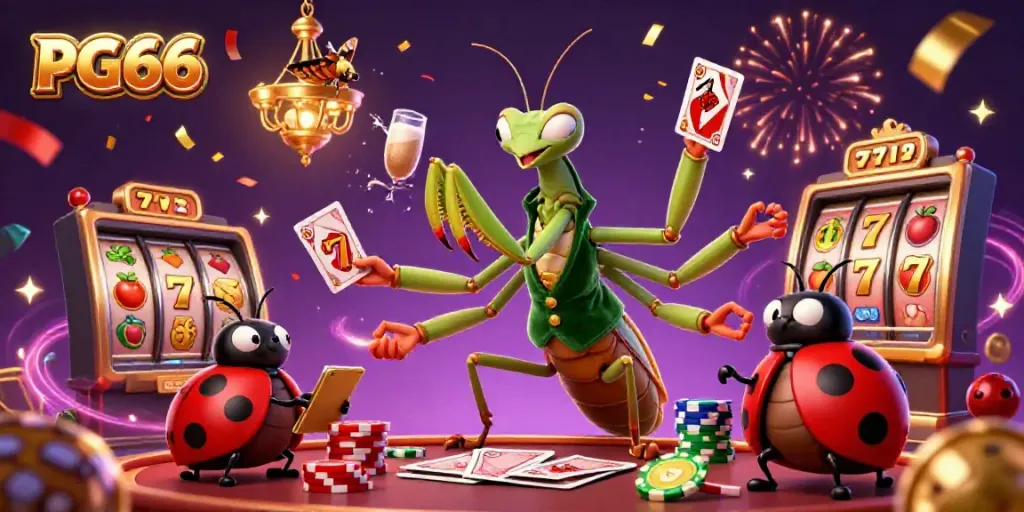 Experience the vibrant energy of PG66, featuring a casino scene with a giant praying mantis dealer and lively game elements.
