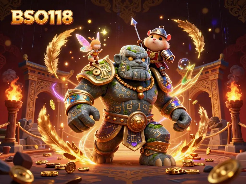 Engage with BSO118 while experiencing the magic of a golem guardian and a fairy companion in a virtual casino arena.