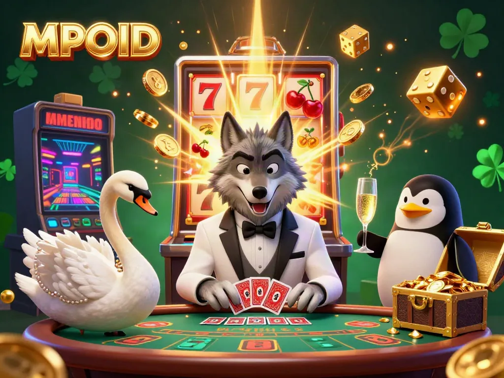 MPOID showcases a vibrant 3D casino scene featuring a debonair wolf, a swan, and a penguin with winning slot machine elements.