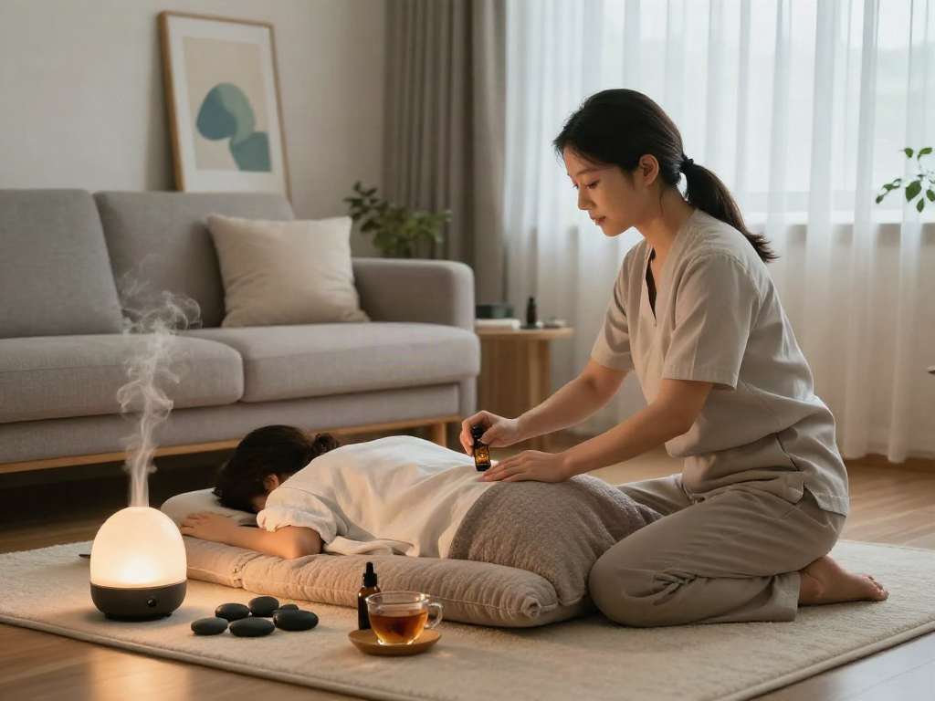 Relaxing 강북출장안마 session in a cozy home environment with calming elements.