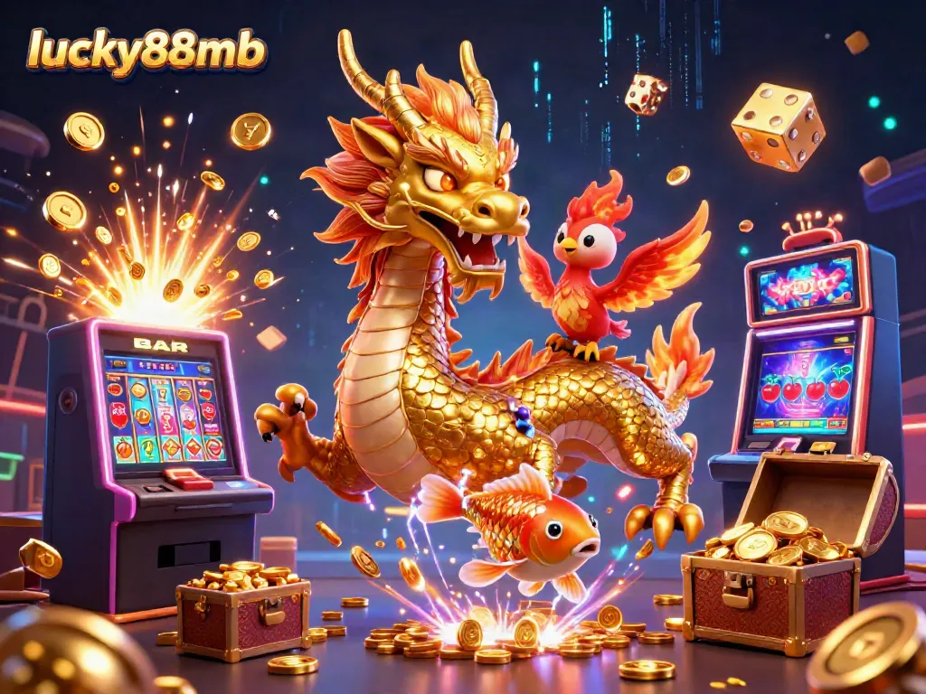 Engage with lucky88mb's thrilling casino experience featuring a dragon, phoenix, and koi amidst vibrant gaming elements.