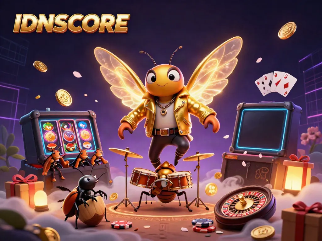 Experience the excitement of IDNSCORE with a vibrant, thrilling scene showcasing a cartoon cicada rock star and exciting casino game elements.