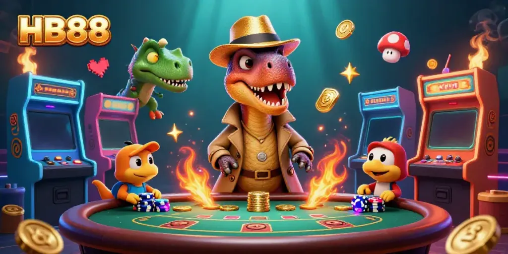 Engage in gambling excitement at HB88 with cartoon dinosaurs in a vibrant casino scene.