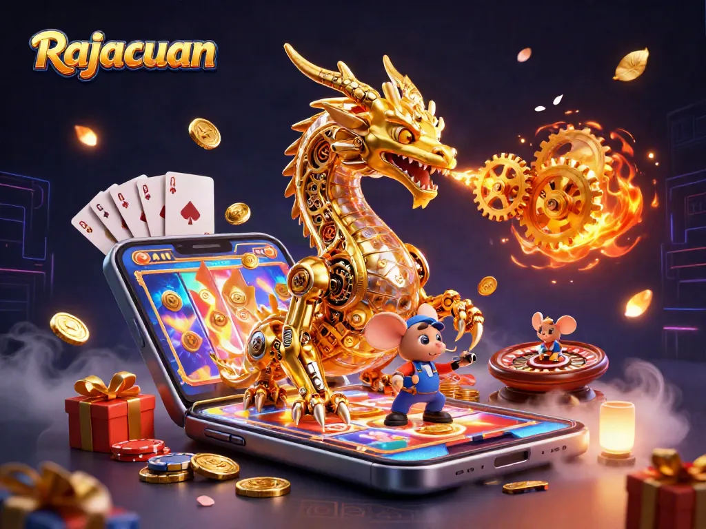 Spin and win with Rajacuan's vibrant 3D casino themed illustration showcasing a golden dragon and exciting game elements.