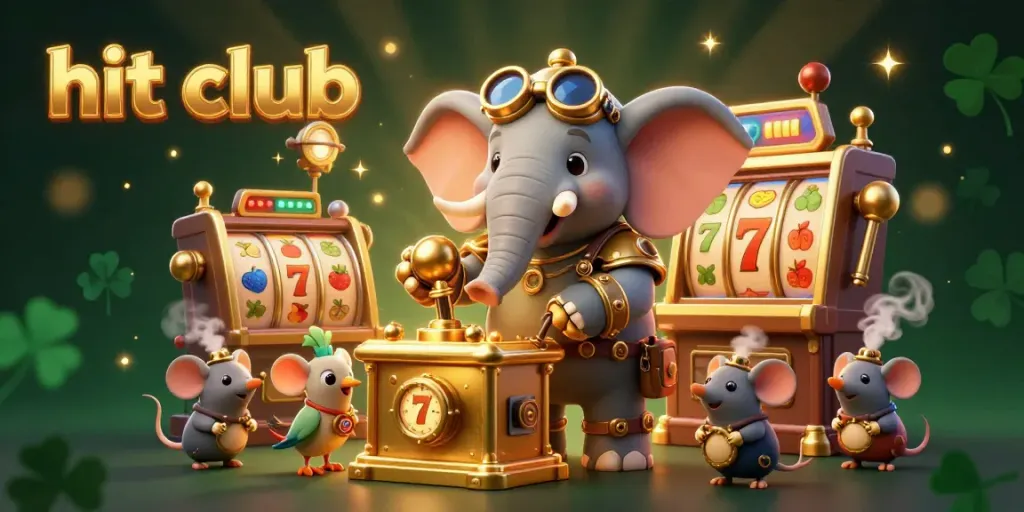Experience the excitement of the hit club as a steampunk elephant operates a lively slot machine.