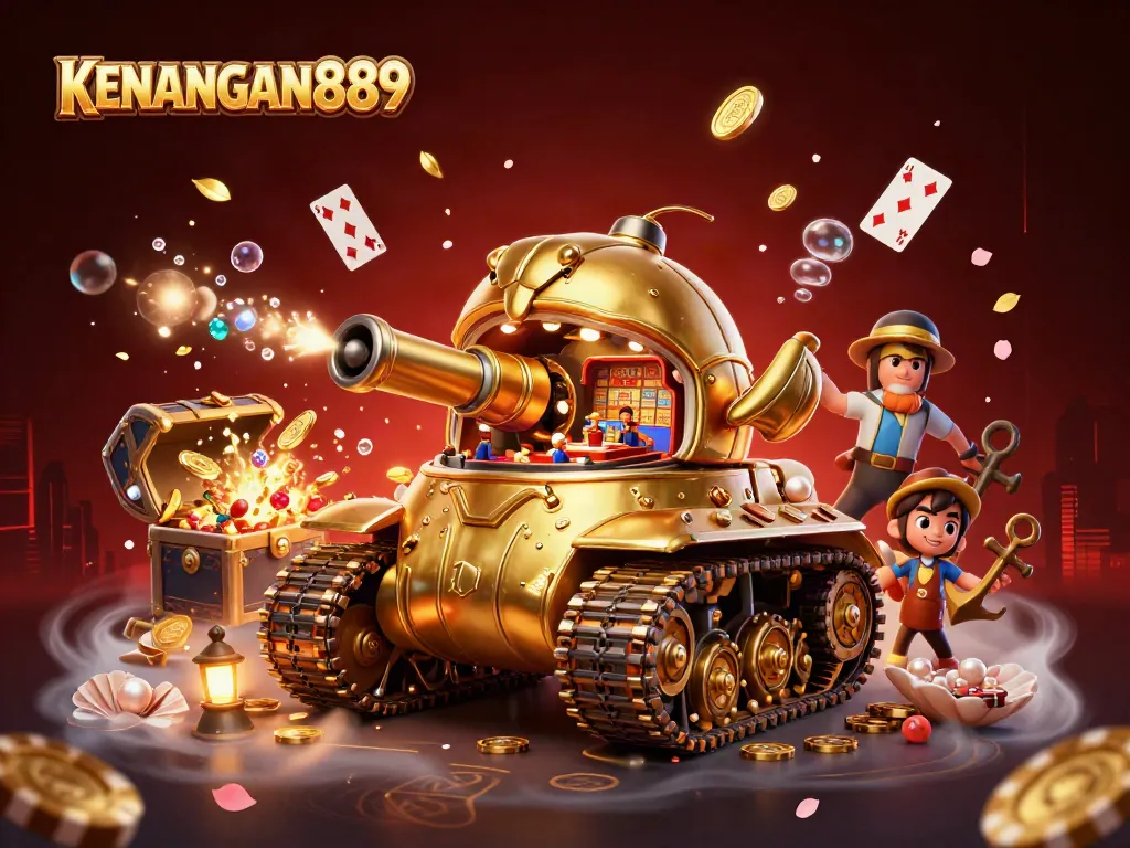Experience casino excitement with KENANGAN889's vibrant 3D illustration featuring a magical tank casino surrounded by treasures.