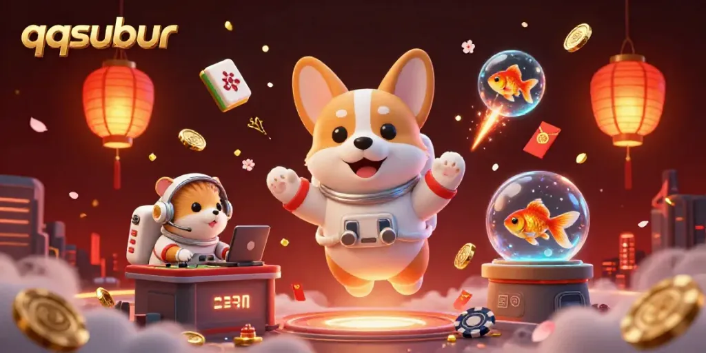 Engage with qqsubur's dynamic space casino scene featuring an astronaut corgi, vibrant poker chips, and glowing lanterns.